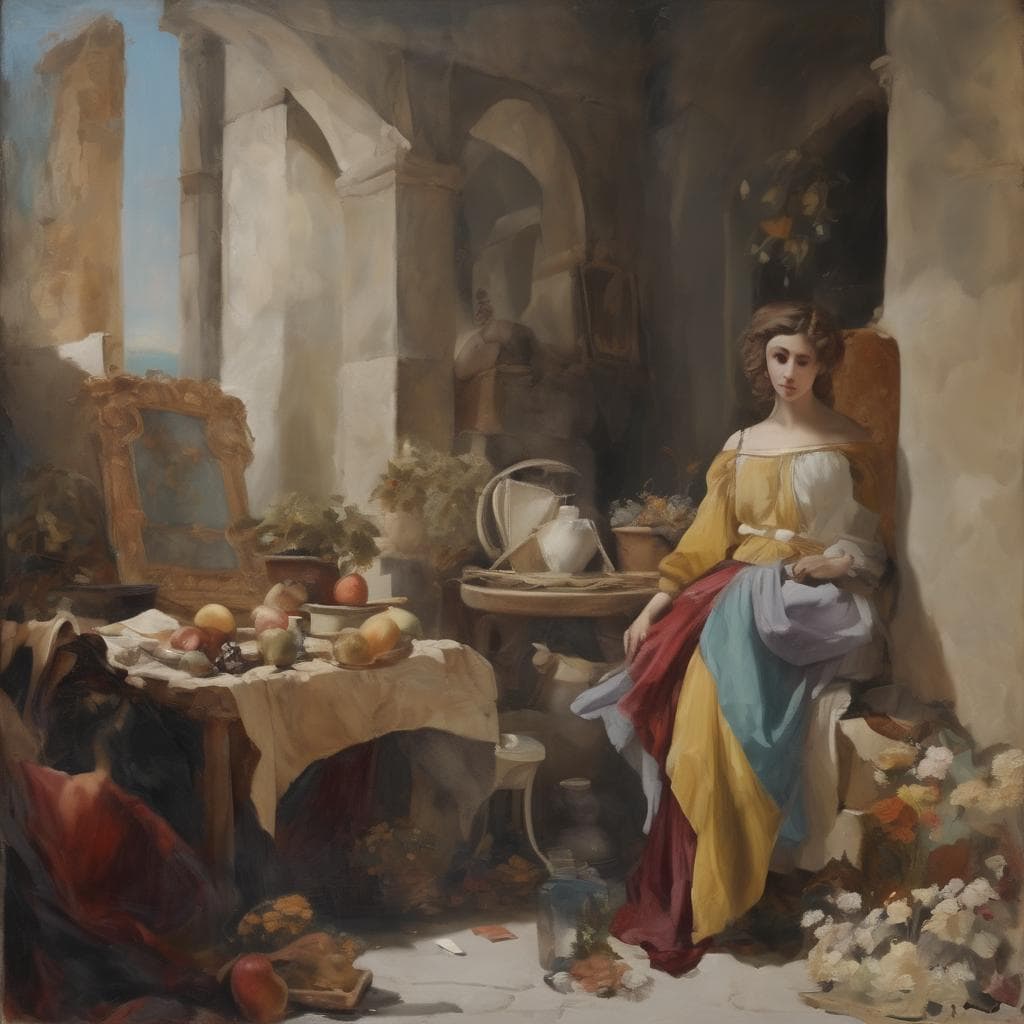 Λοξή γυναίκα σε εσωτερικό χώρο, still life με φρούτα και αντικείμενα, ζωγραφική σε καμβά, Αλληλεπίδραση Θεατή και Καλλιτεχνικού Έργου.