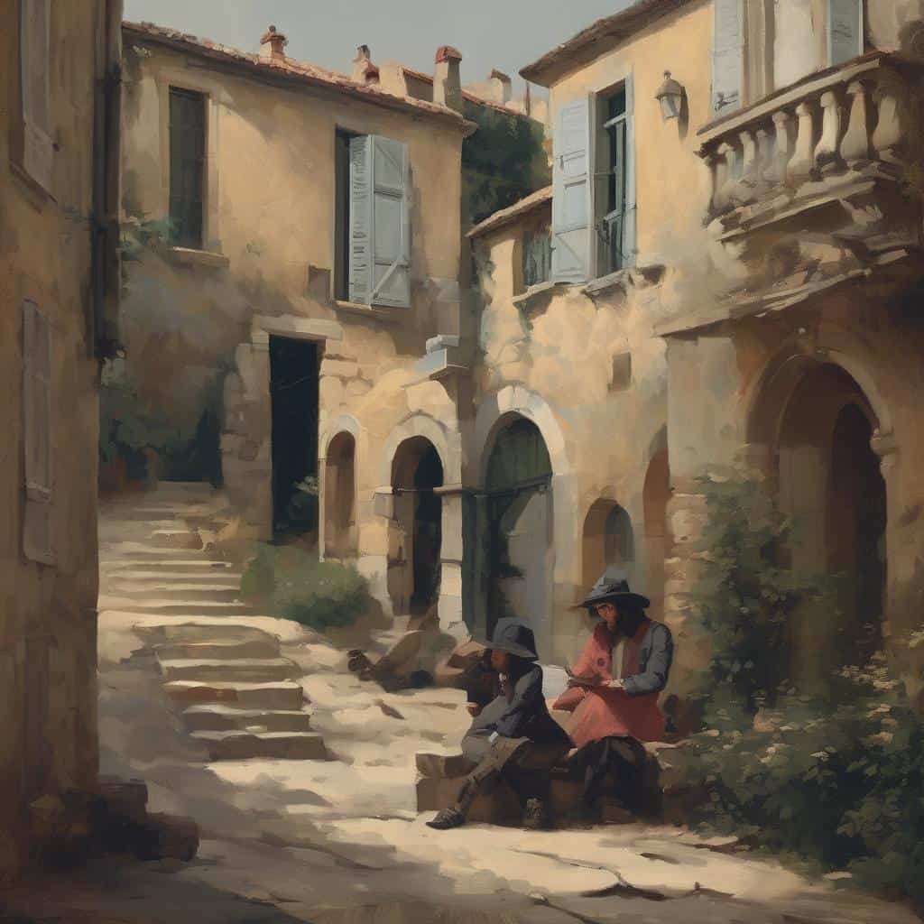 Αλληλεπίδραση θεατή και καλλιτεχνικού έργου σε παραδοσιακή μεσογειακή γειτονιά με παλιά σπίτια και ανθρώπους σε στιγμές καθημερινότητας.