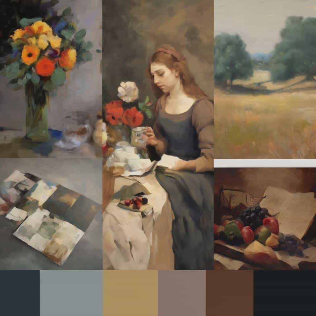 Λουλούδια σε βάζο με ζωγραφική και φωτογραφία, ανθρώπινη μορφή και φυσικό τοπίο, υπέροχη αλληλεπίδραση θεατή και καλλιτεχνικού έργου.