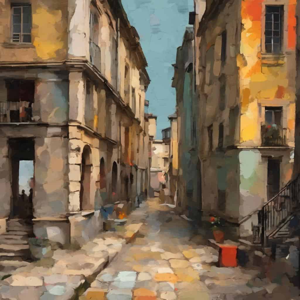 Αλληλεπίδραση θεατή και καλλιτεχνικού έργου σε αστικό τοπίο, ζωγραφική σε στυλ υδατογραφίας, εικόνα που αναδεικνύει την τέχνη και τον πολιτισμό.